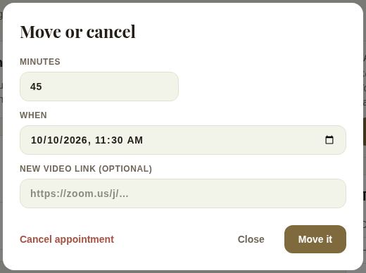 Move or cancel: minutes, when, a new video link, Cancel appointment and Move it
