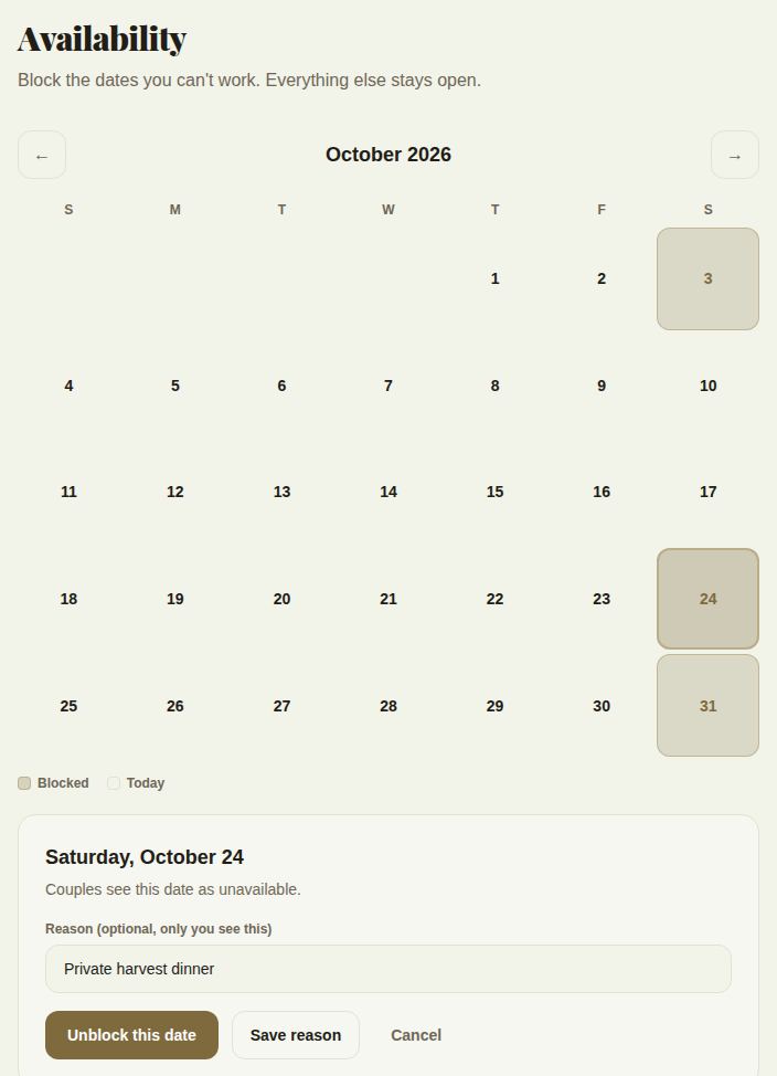 October with three blocked Saturdays, and the panel for a blocked day with Unblock this date and Save reason
