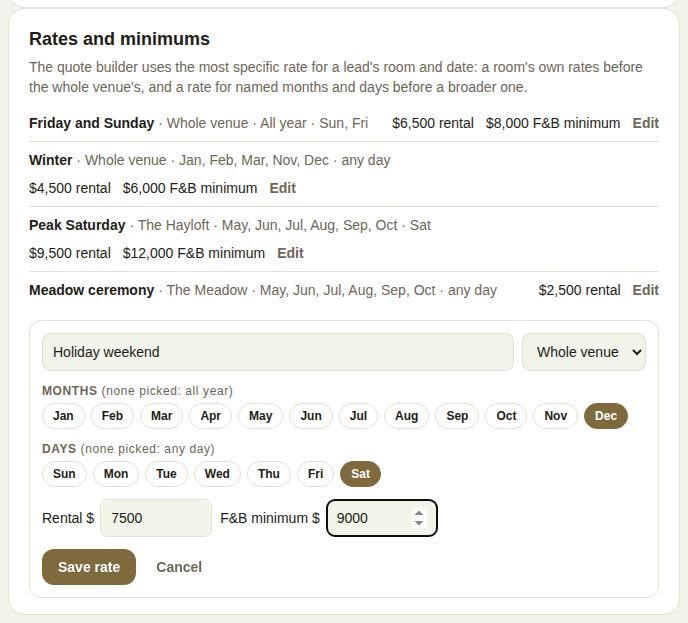 A new rate: December Saturdays for the whole venue, with a rental and a minimum