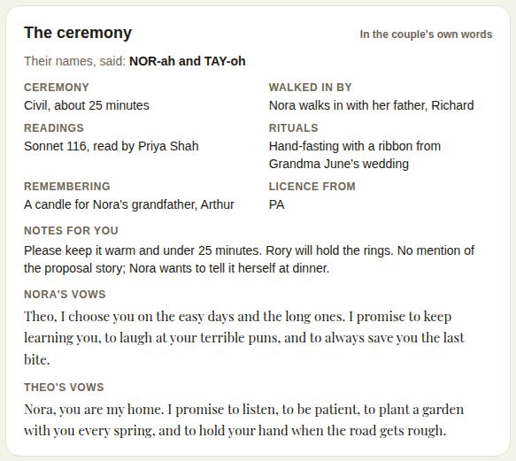 The ceremony: style and length, who walks in, readings, rituals, remembering, notes and vows
