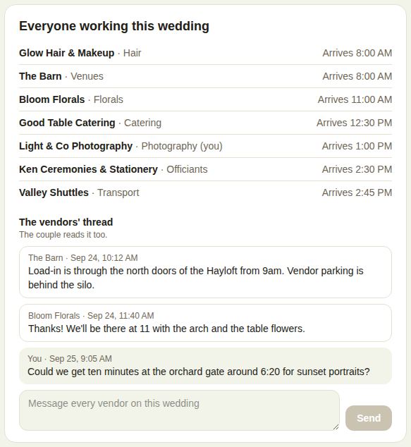 Everyone working this wedding: seven vendors with arrival times, and the vendors' thread