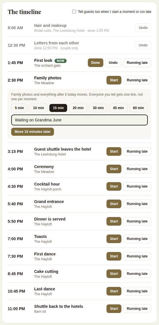 The timeline: two moments done, one happening now, and Running late open on Family photos