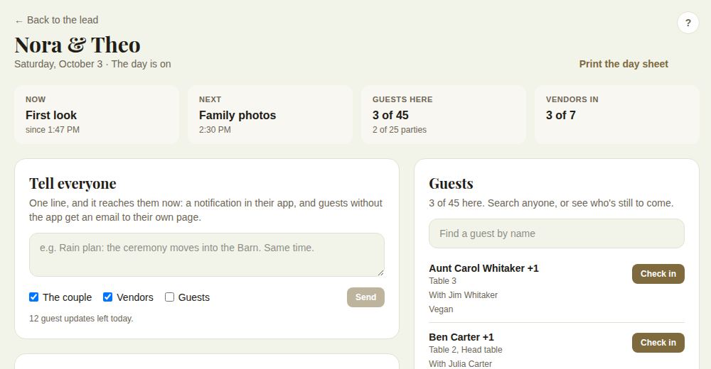 Run the day: the glance tiles, Tell everyone, and the guests to come