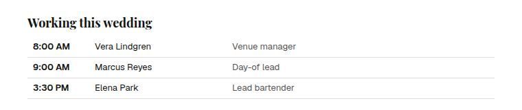 Working this wedding on the day sheet: each person's call time, name and position
