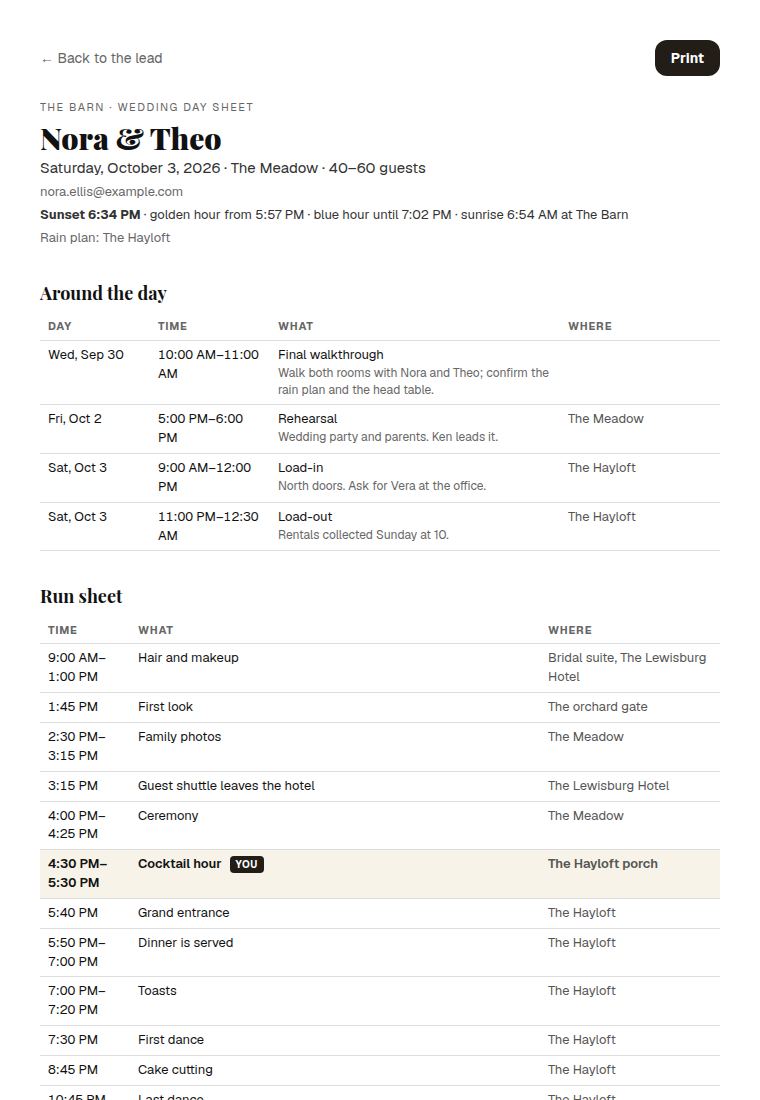 The top of a day sheet: the couple, date, room, the light, the rain plan, around the day and the run sheet with your line highlighted