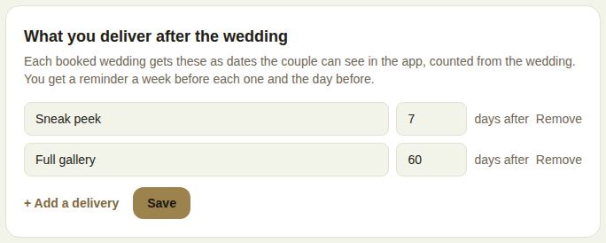 What you deliver after the wedding: a sneak peek in 7 days and a full gallery in 60