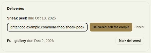 Deliveries on a booked lead: the sneak peek being marked delivered with a link, and the full gallery due