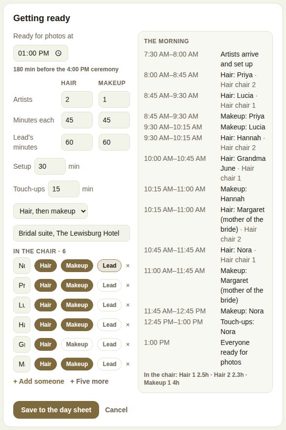 Planning the morning: two hair artists and one makeup artist, six people, and the morning worked out on the right
