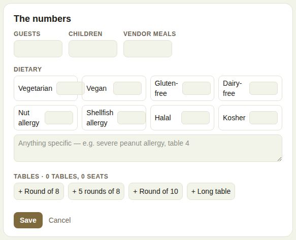 The numbers: guests, children, vendor meals, dietary counts and quick table buttons