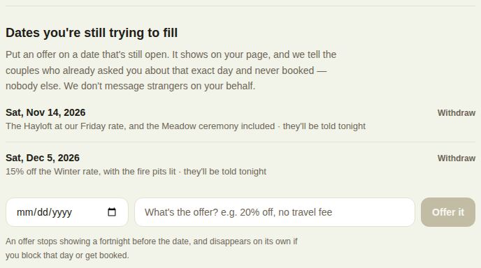 Two dates on offer with their wording, and the date and offer fields