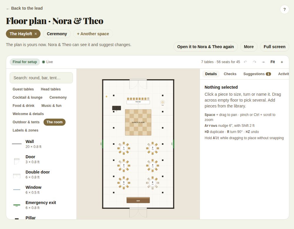 An event's floor plan: the Hayloft and Ceremony spaces, Final for setup, the editor and the Suggestions tab