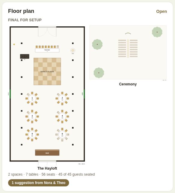 The Floor plan box on a lead: two spaces, Final for setup, 45 of 45 guests seated, and one suggestion
