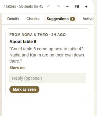 A suggestion from the couple about table 6, with a reply field and Mark as seen