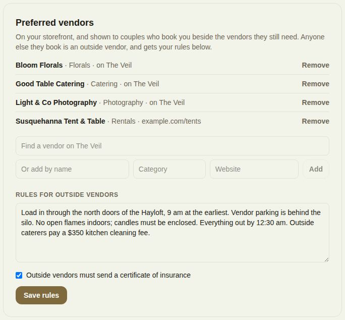 Preferred vendors in Settings: the list, adding a vendor, and the rules for outside vendors