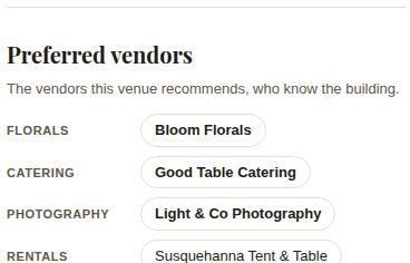 Preferred vendors on the venue's public page, grouped by category