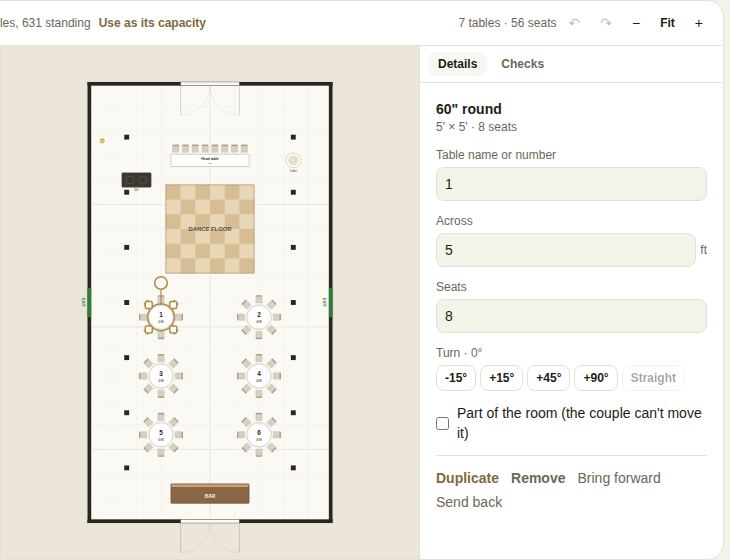 A table selected: its name, size, seats, turn buttons and the Part of the room option