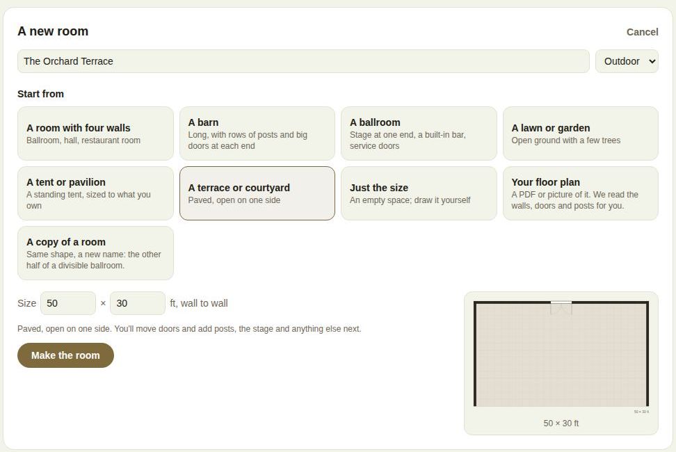 A new room: its name and setting, the starting shapes, the size and a preview