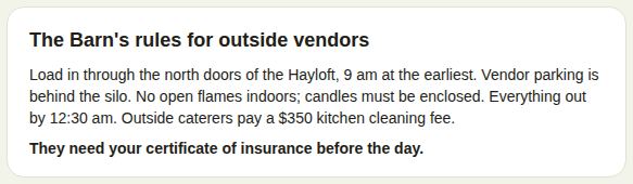 What an outside vendor sees on their lead: the venue's rules and the insurance note