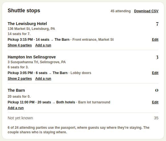 Shuttle stops: two hotels and the venue, with guests, runs and seats