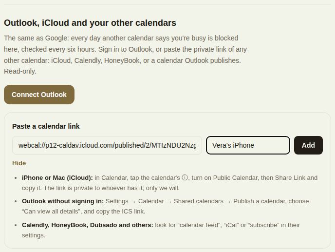 Connect Outlook, and a pasted iCloud link with a name, and the help for finding the link