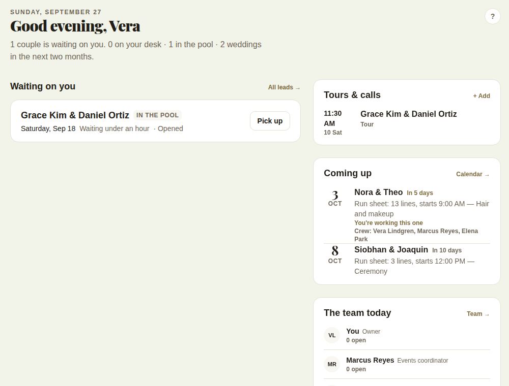 The Today page for a team: tours and calls, coming up with the crew named, and the team today