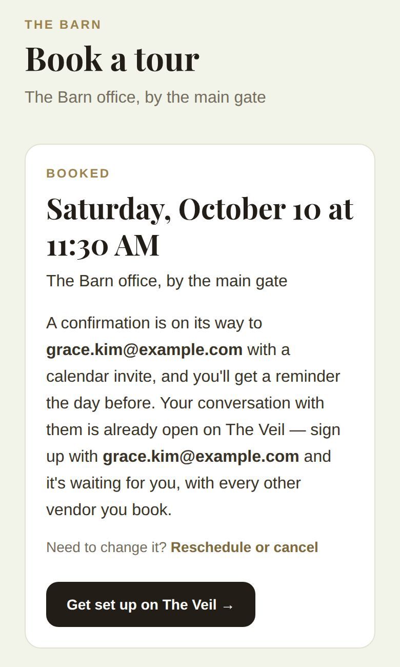 The confirmation: the day and time, where to meet, and the Reschedule or cancel link