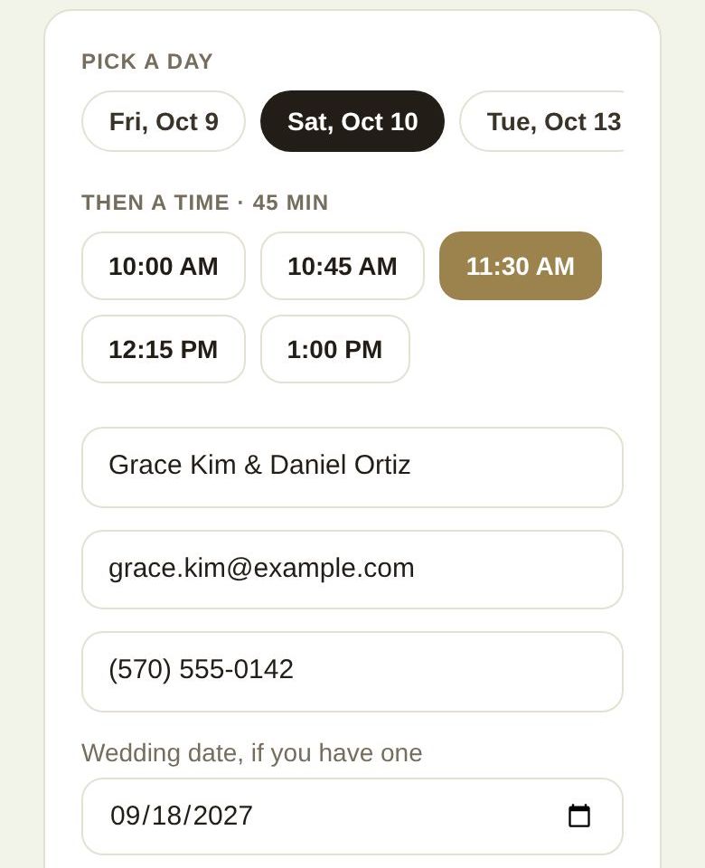 The couple's details under the chosen time, and the Book a tour button