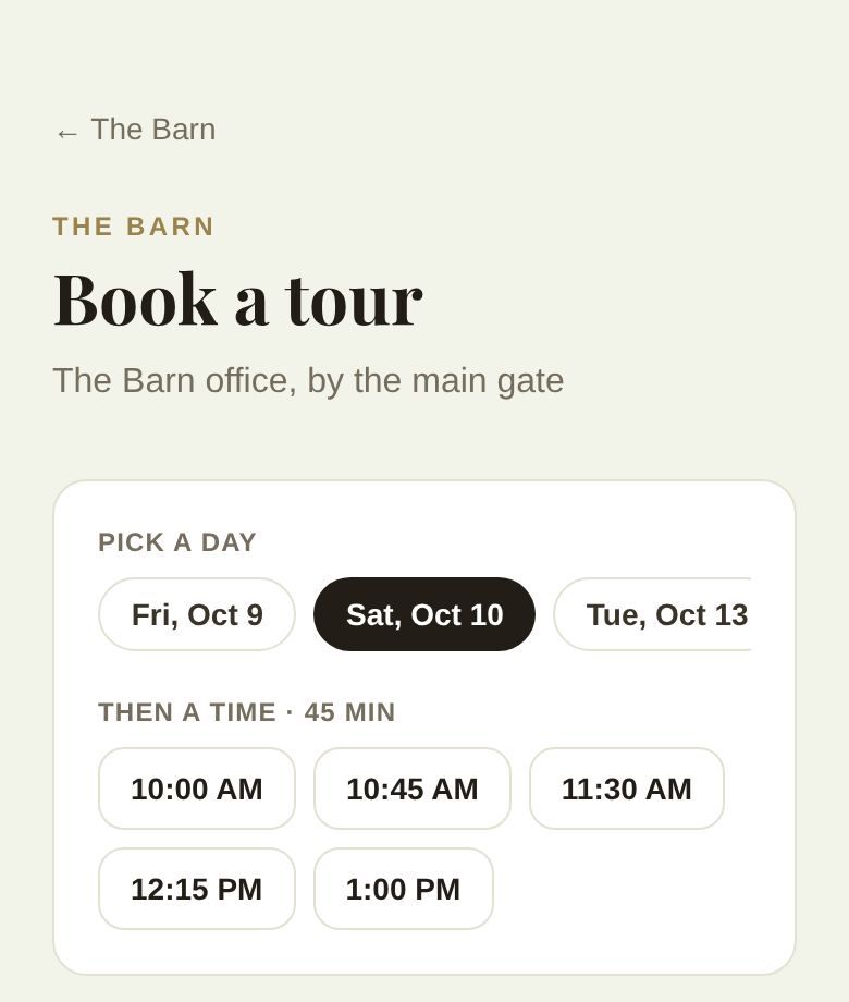 The booking page on a phone: pick a day, then a time