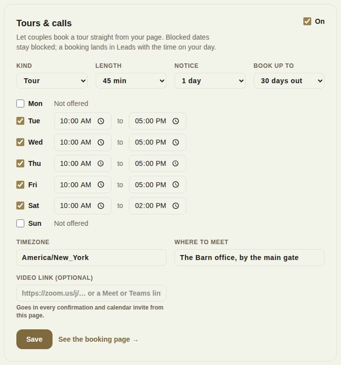 Tours & calls switched on, with kind, length, notice, how far ahead, weekday hours and where to meet