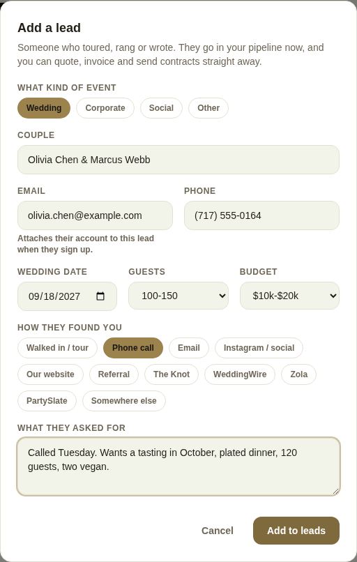 The Add a lead form, filled in for a couple who phoned