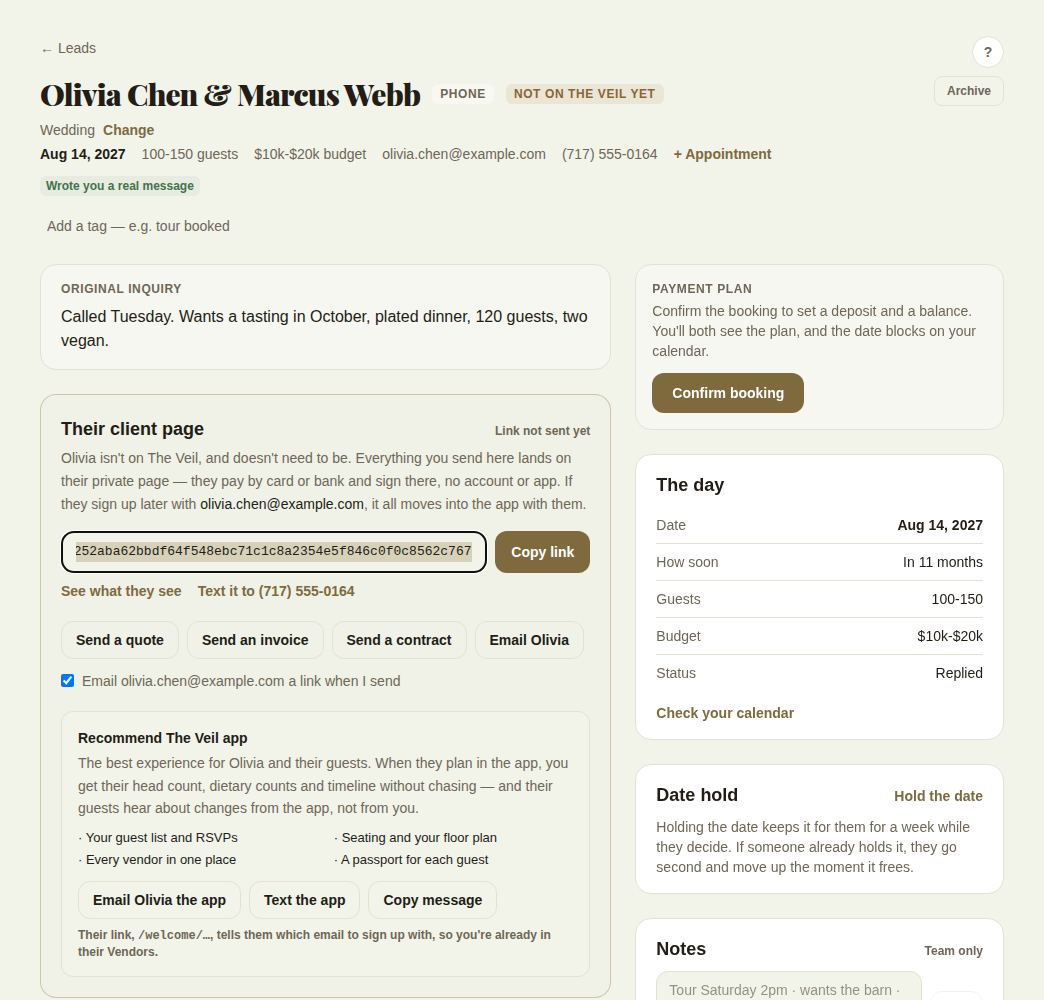 A lead added by hand: the client page link is ready to copy