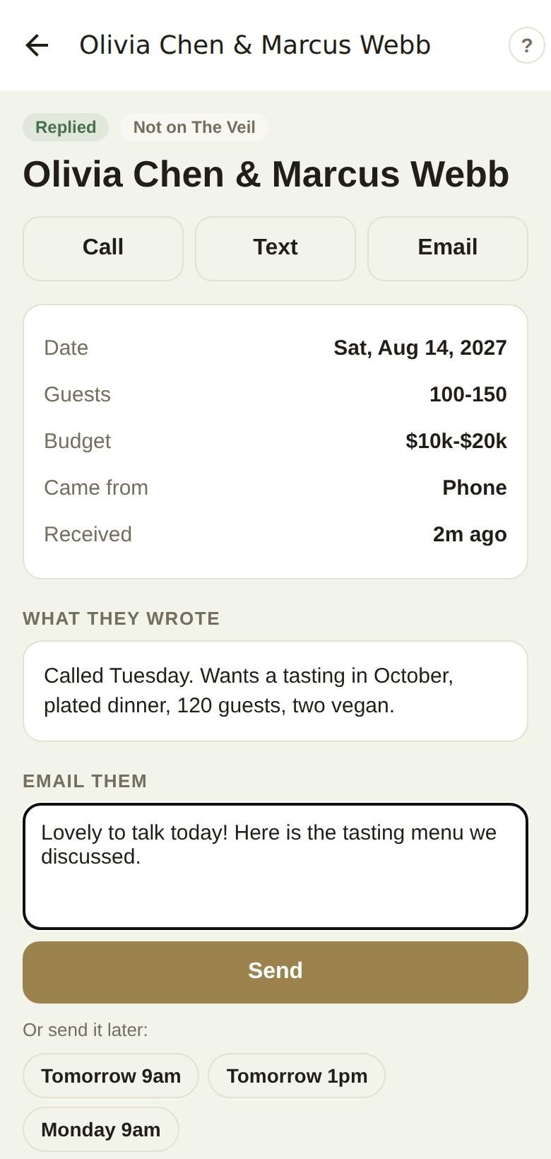 The lead screen in the phone app, with a reply ready and quick send-later times