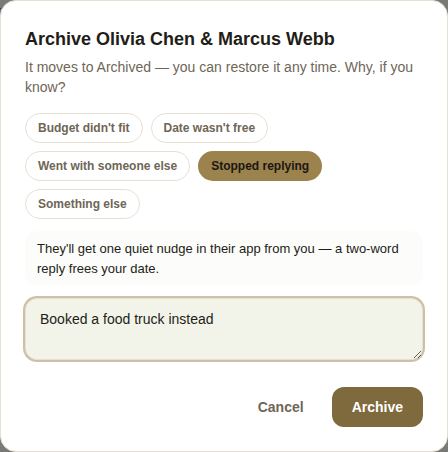 Archiving a lead: choose the reason and add a note