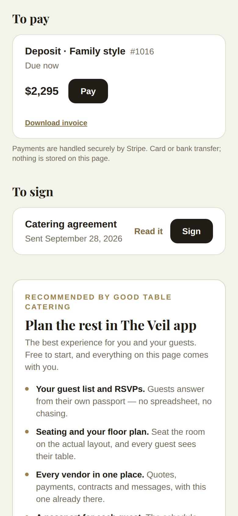 To pay and To sign on the client's page