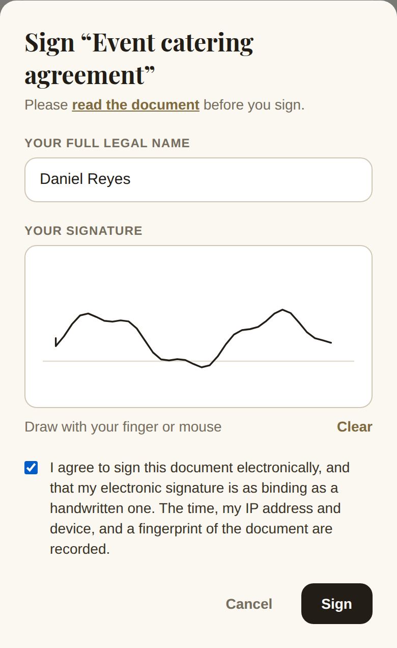 Signing on the client page: full legal name, signature and consent