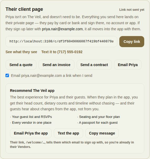 Their client page on a lead: the link, and the four things you can send