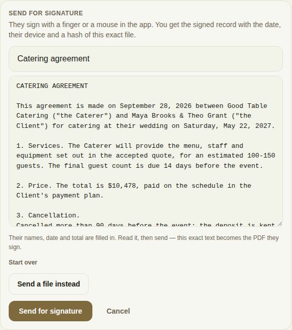 A contract filled in from a template, ready to read and send
