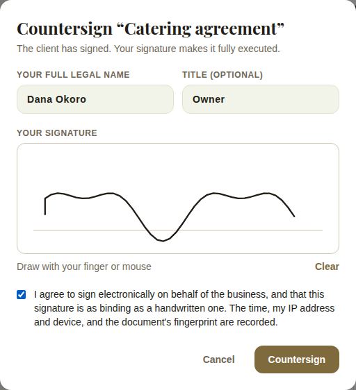Countersigning a catering agreement