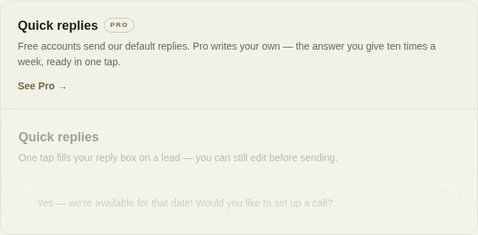 On the free plan, Quick replies shows what Pro adds