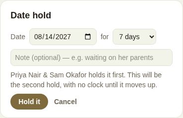 Placing a hold on a date someone already holds: this lead will be second