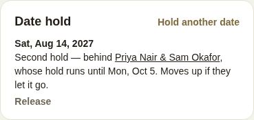 A second hold, waiting behind another couple whose hold runs until Monday