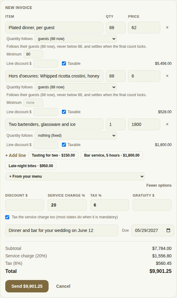 A catering invoice: a per-guest dinner, hors d'oeuvres, bar service, a 20% service charge and 6% tax