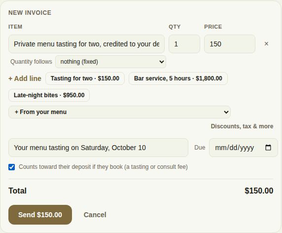 Invoicing a tasting that counts toward the deposit