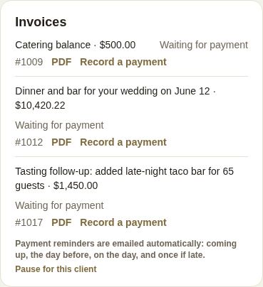 The reminder line under a lead's invoices, with Pause for this client