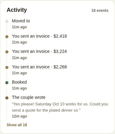 The activity feed on a lead: the couple wrote, accepted the quote, and invoices went out