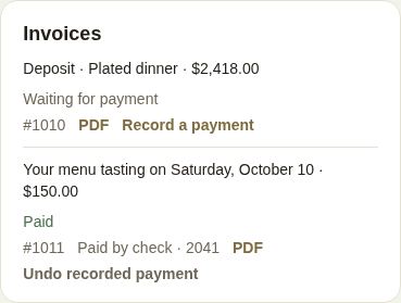 The tasting invoice marked paid by check, with Undo recorded payment