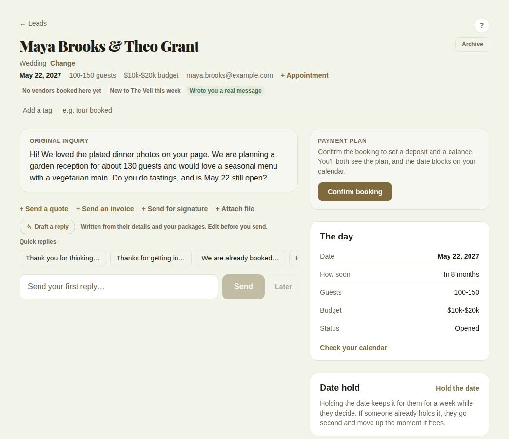 The top of a new lead: names, date, signals, tags, the original inquiry, the reply box and the payment plan