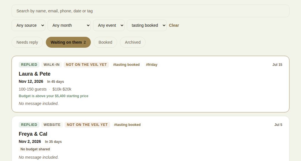 Filtered to the "tasting booked" tag, on Waiting on them