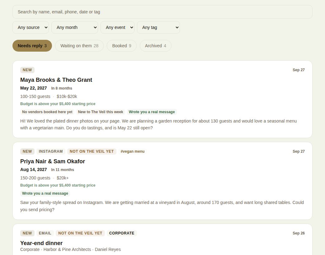 Search, the filters and the four stages, with new leads under Needs reply