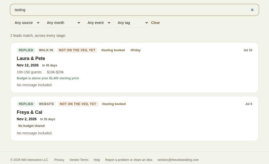 Searching for "tasting" finds two leads, in any stage